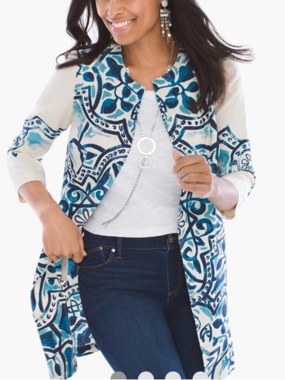 Chico's Linen Artisan Printed Jacket Blue Batik Watercolor Size XL
